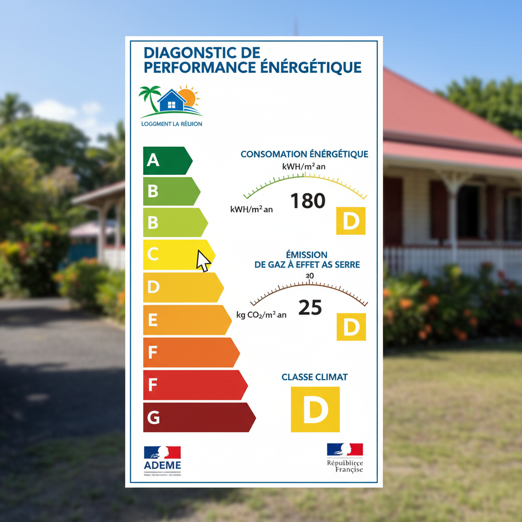 Étiquette énergétique DPE avec classification de A à G pour un logement à La Réunion
